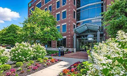 Office building with brick facade, glass entrance, surrounded by flowers and landscaping.