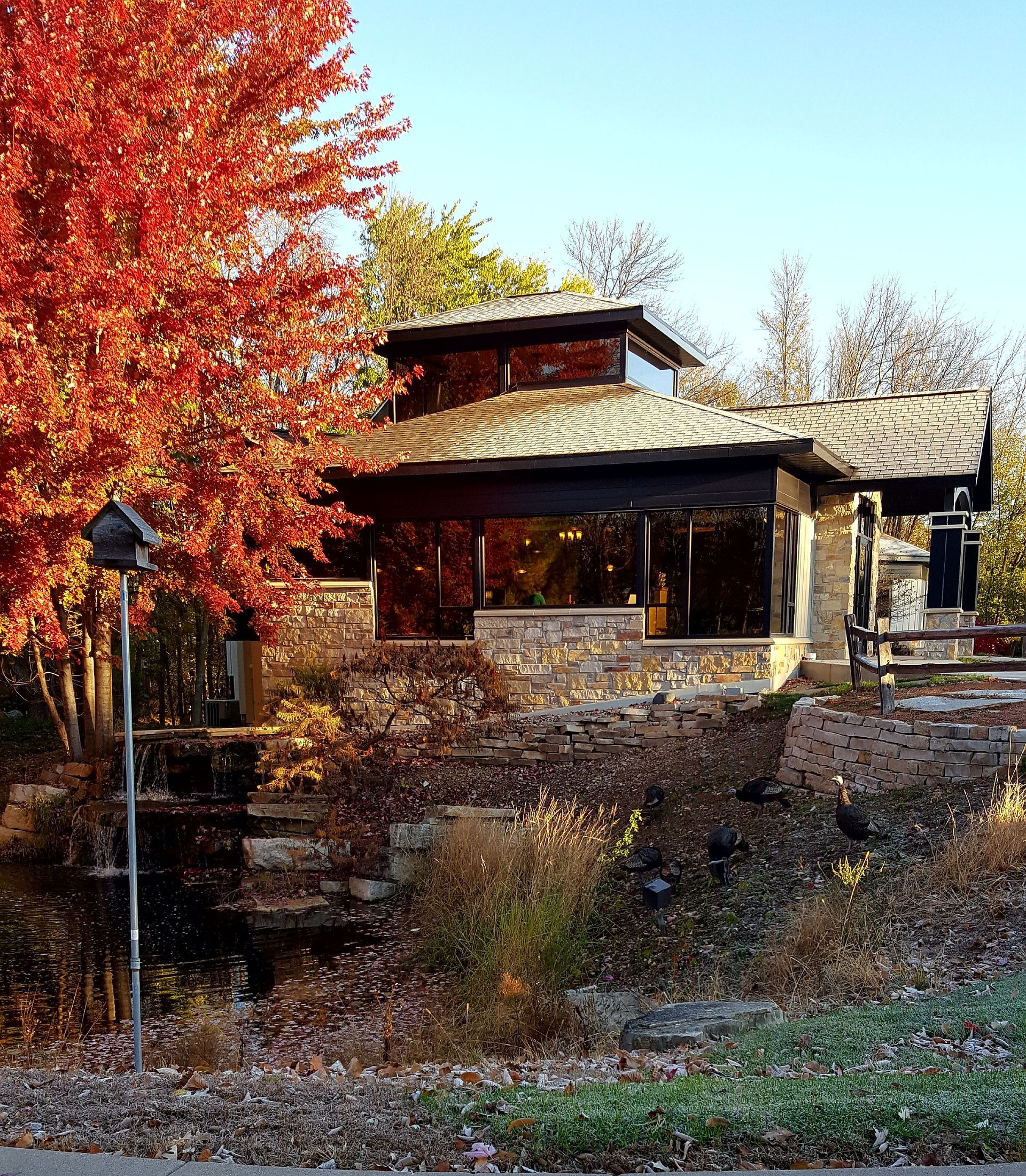 Autumn trees beside a rustic stone house with a tiled roof and wraparound porch under a clear sky