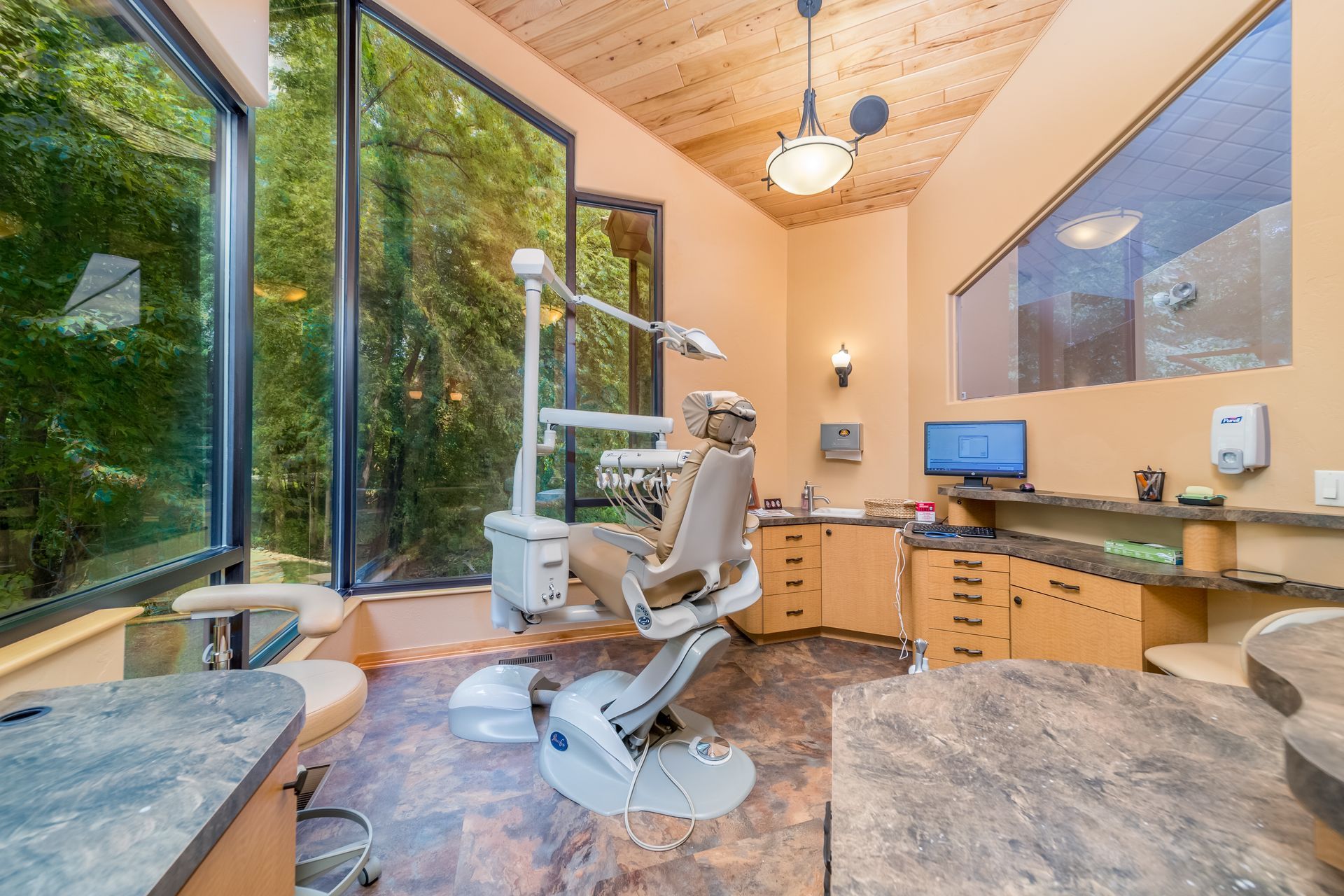 Modern dental exam room with chair, cabinetry, computer, and large windows overlooking greenery