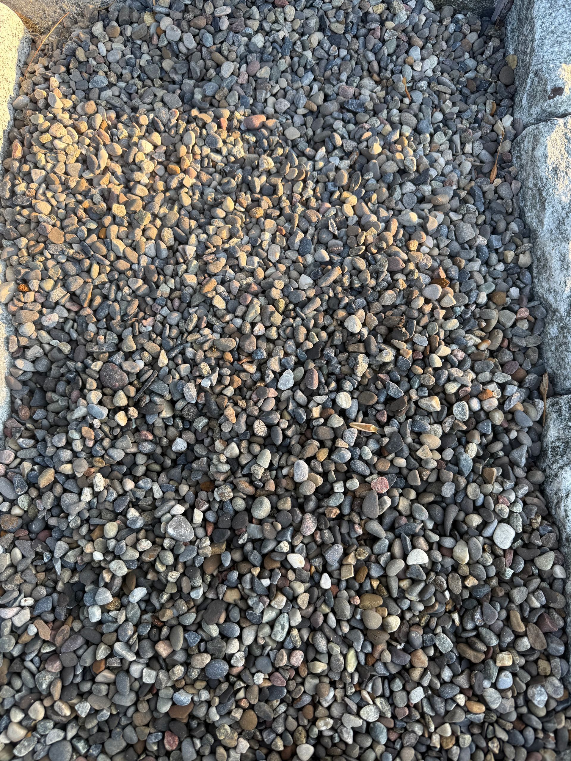 A container filled with small dark pebbles and gravel, with light tan stones mixed in.