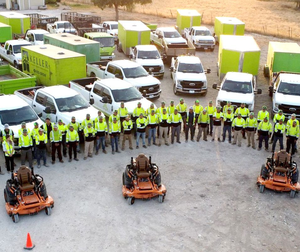 A group of people standing in front of a bunch of trucks