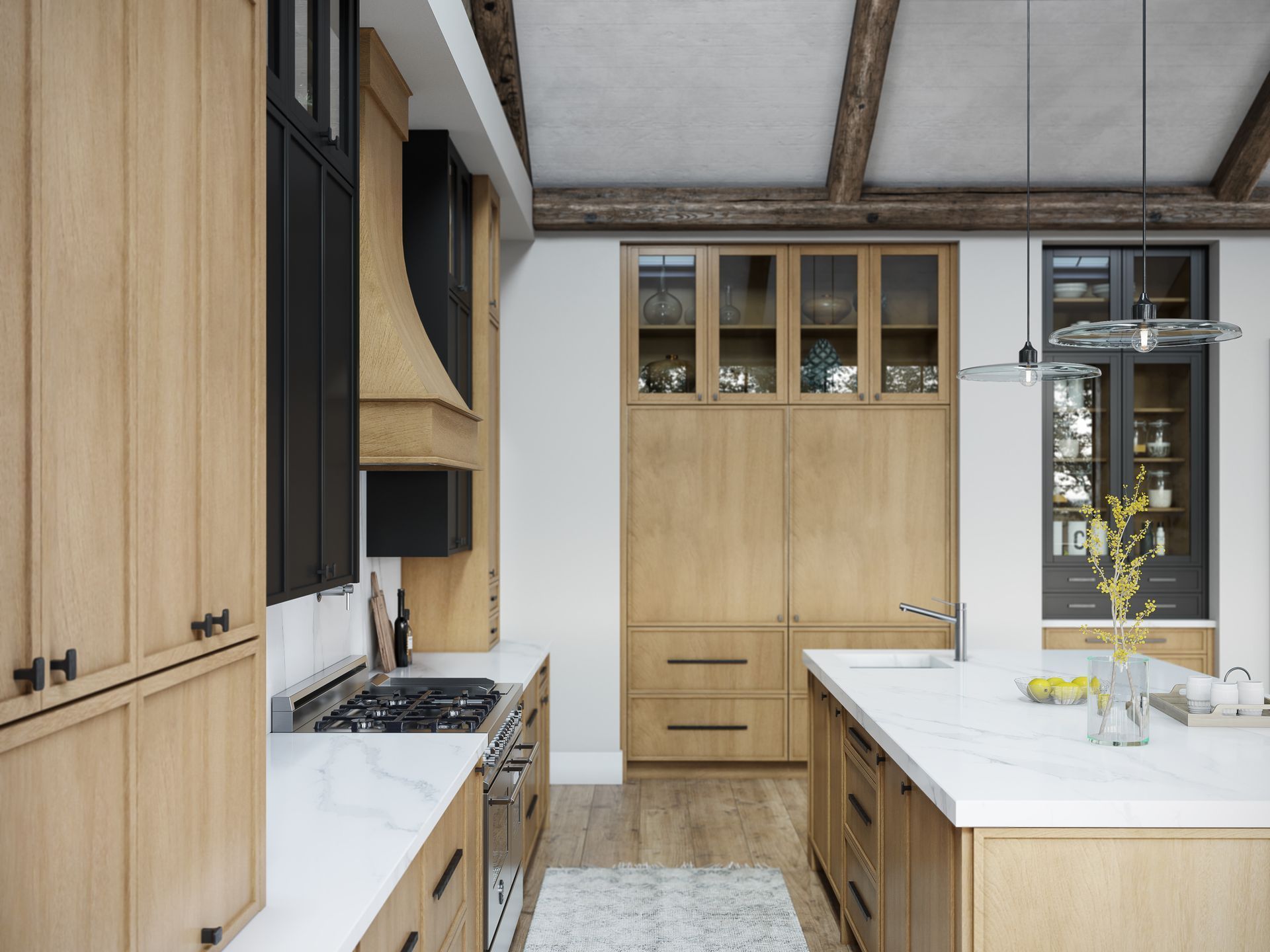 Wooden kitchen with light cabinets, marble countertops, stainless steel appliances, and a window.
