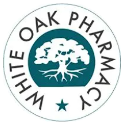 White Oak Pharmacy logo, circular with tree graphic in teal; white text.