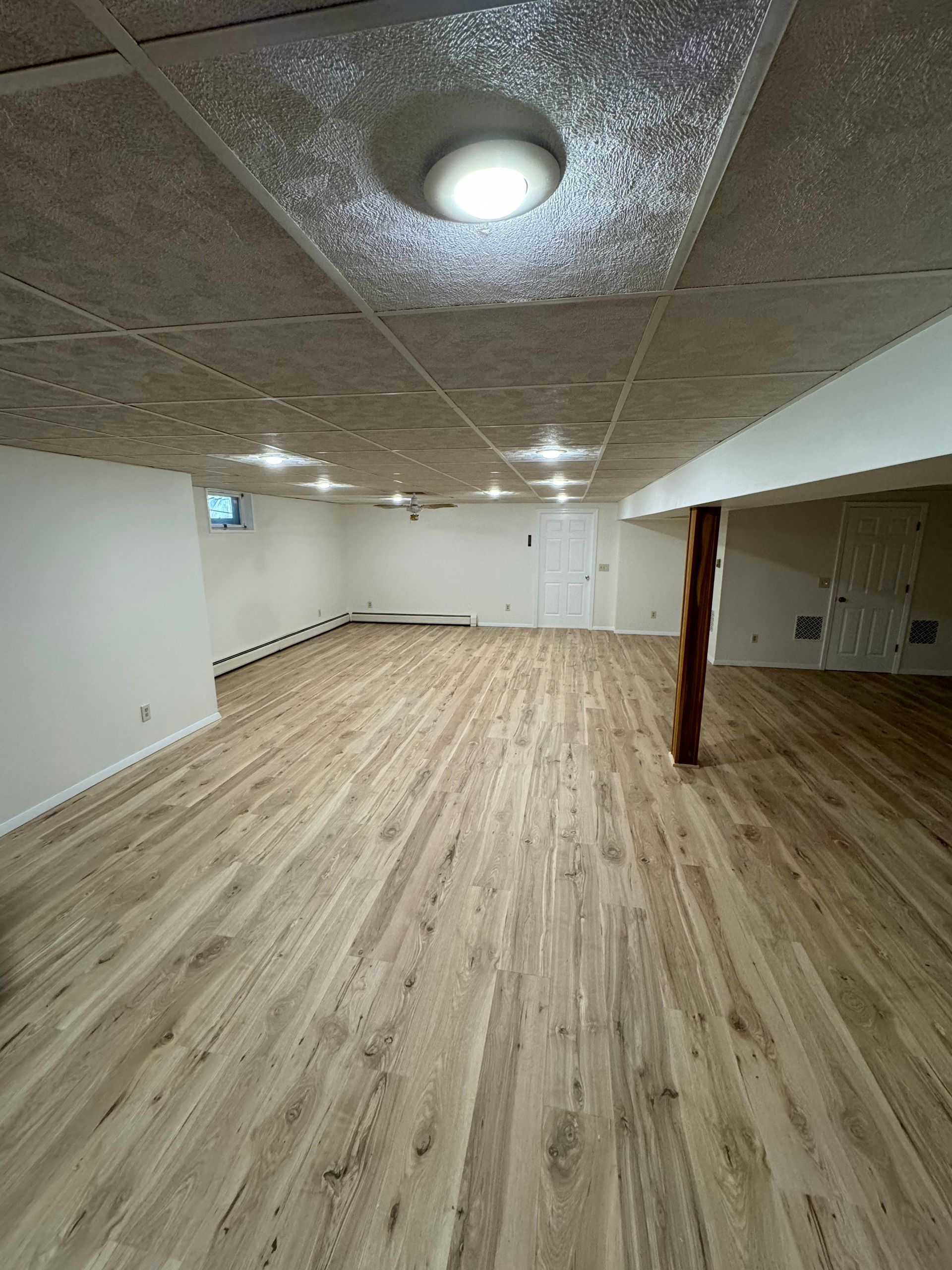 An empty basement with hardwood floors and a ceiling light.