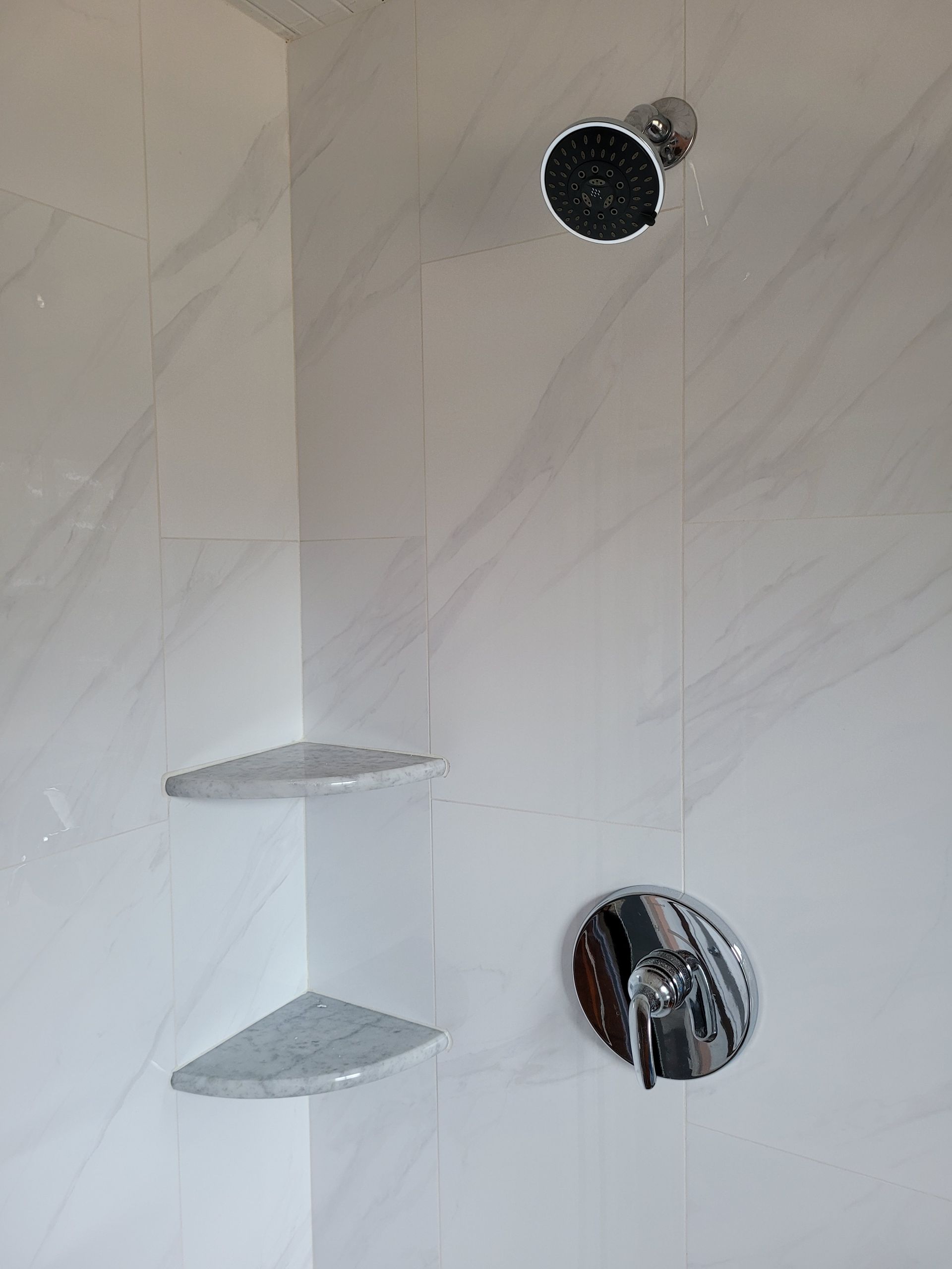 There is a shower head and a shelf in the shower.