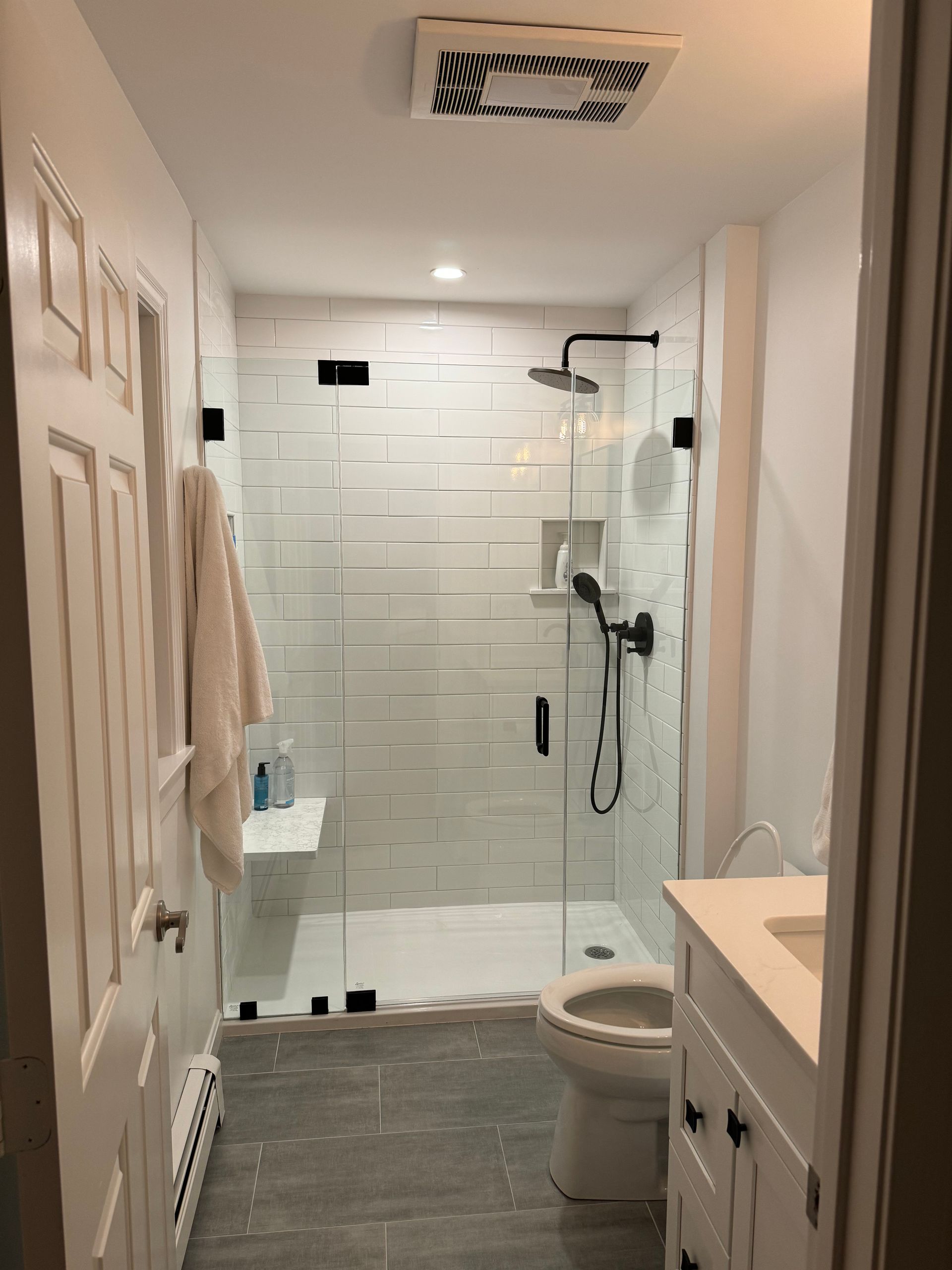 A bathroom with a walk in shower , toilet and sink.