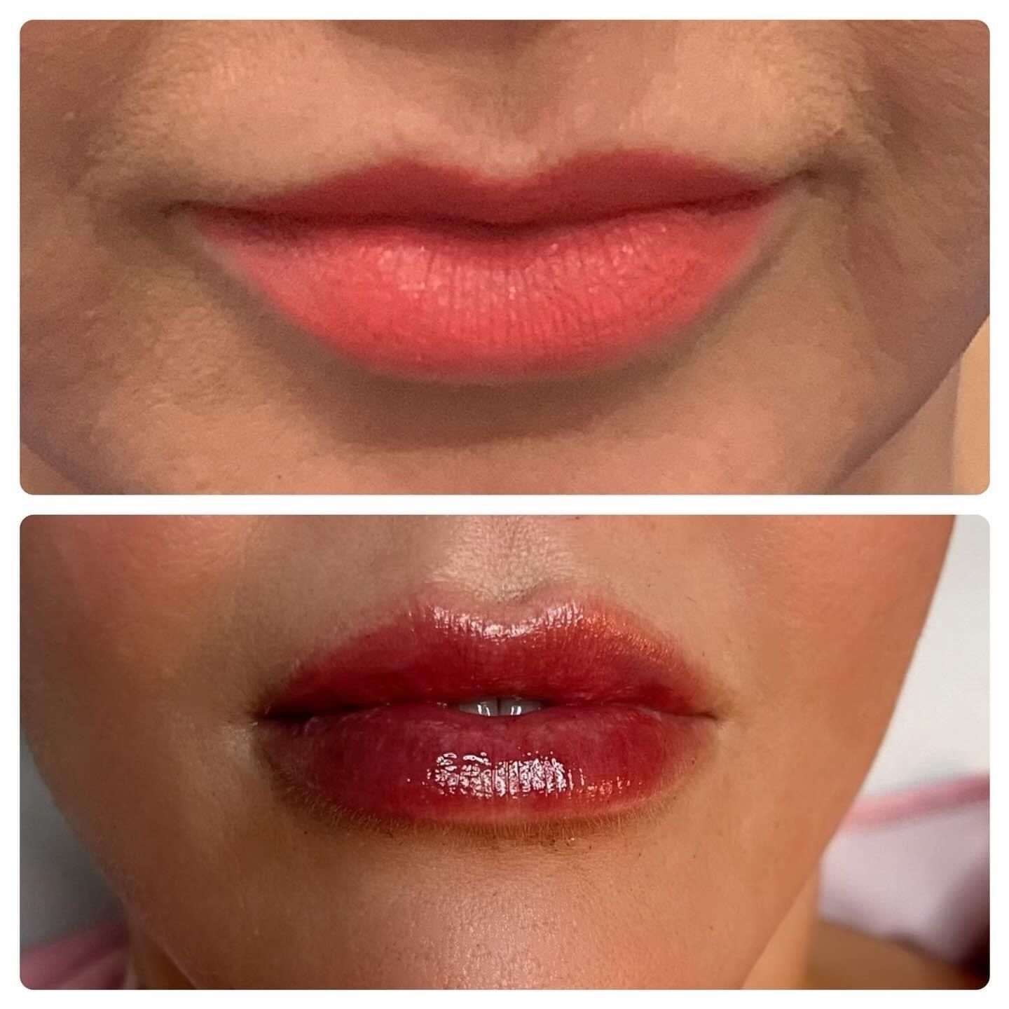 Before and after of lip blushing. The top shows a muted coral, while the bottom displays a glossy, deeper red.