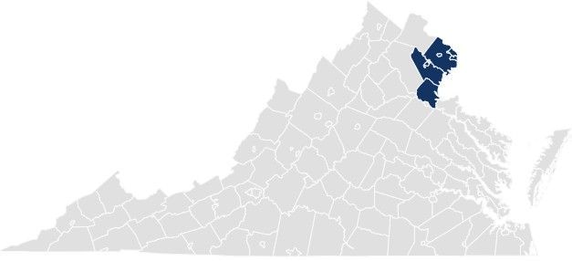 Light gray county map with one dark blue highlighted service area in the northeast