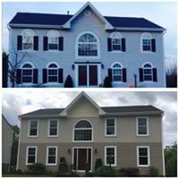 A before and after picture of a house with a blue roof.