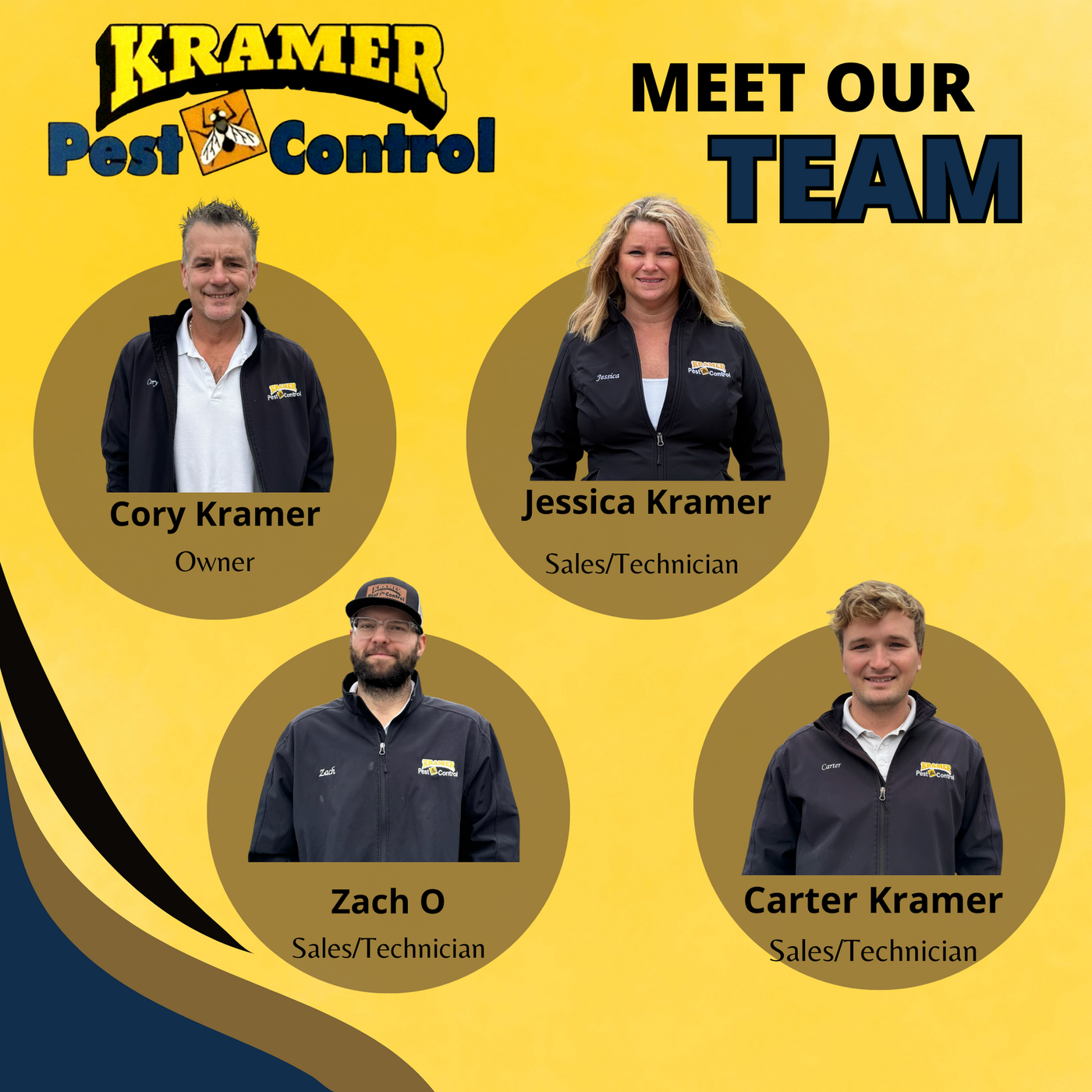 Kramer Pest Control team introduction: Cory (owner), Jessica and Carter (sales/tech), and Zach (sales/tech).