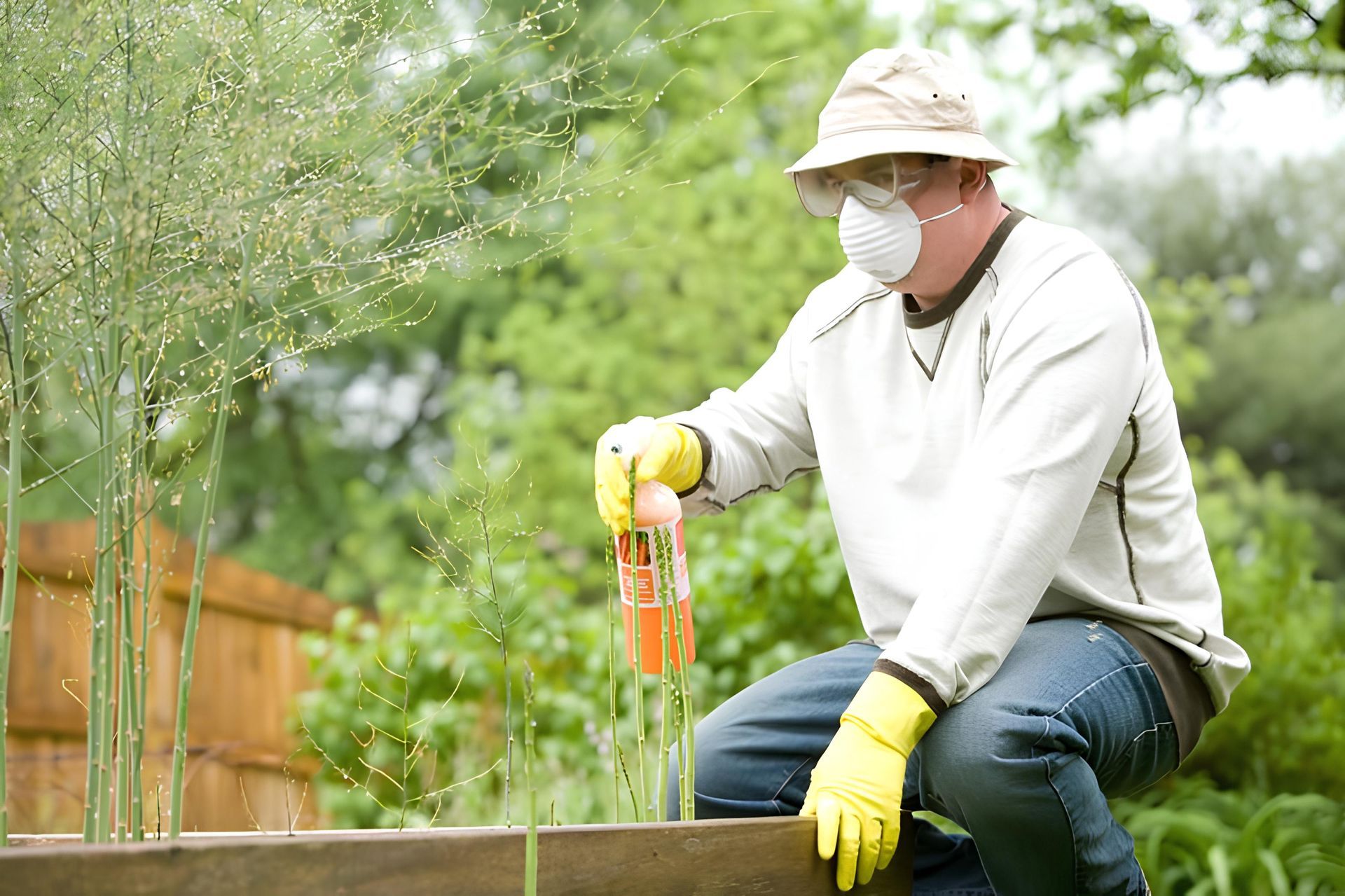 Man in protective gear spraying plants in a garden.