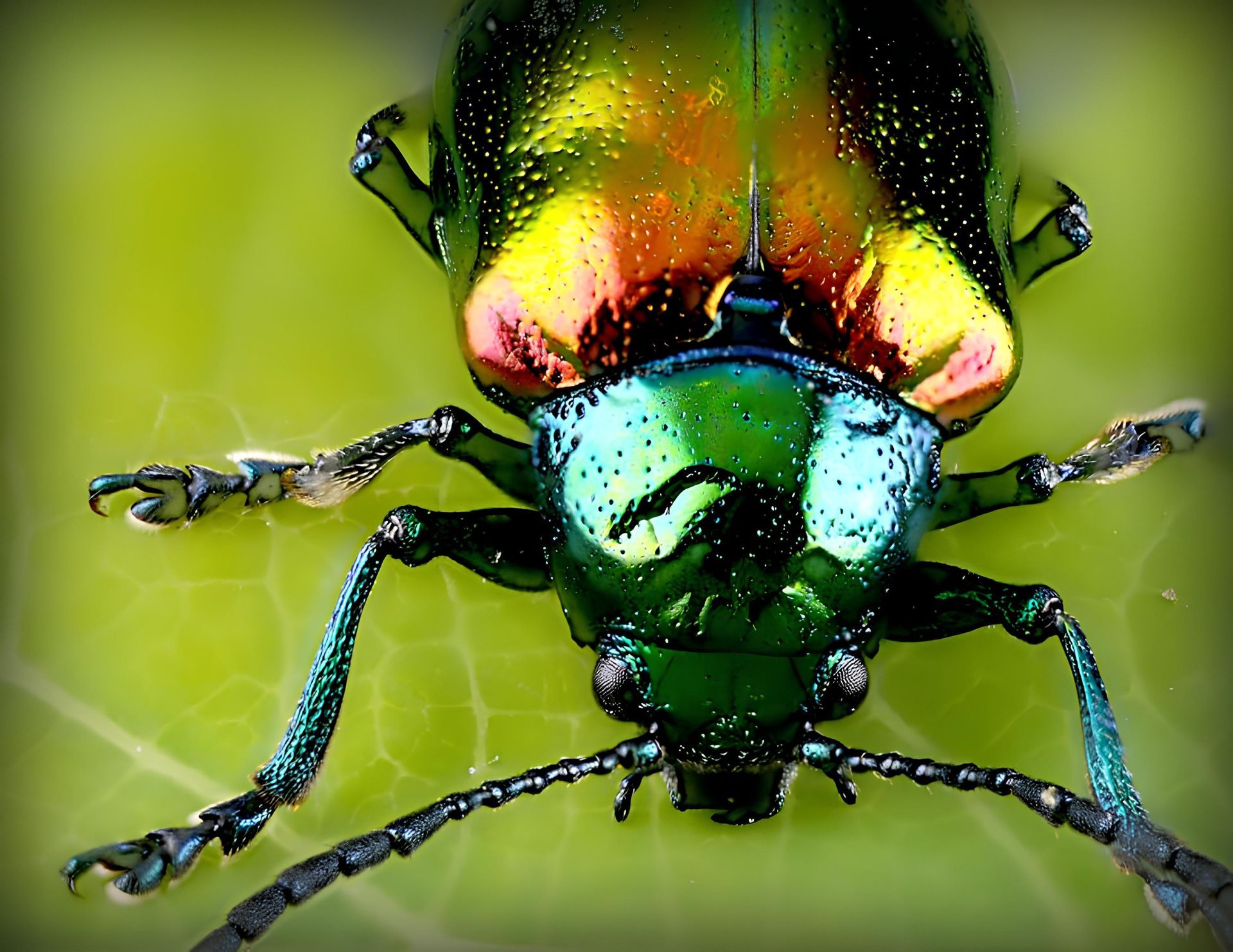 Close-up of a metallic green beetle on a green leaf; iridescent colors reflect.