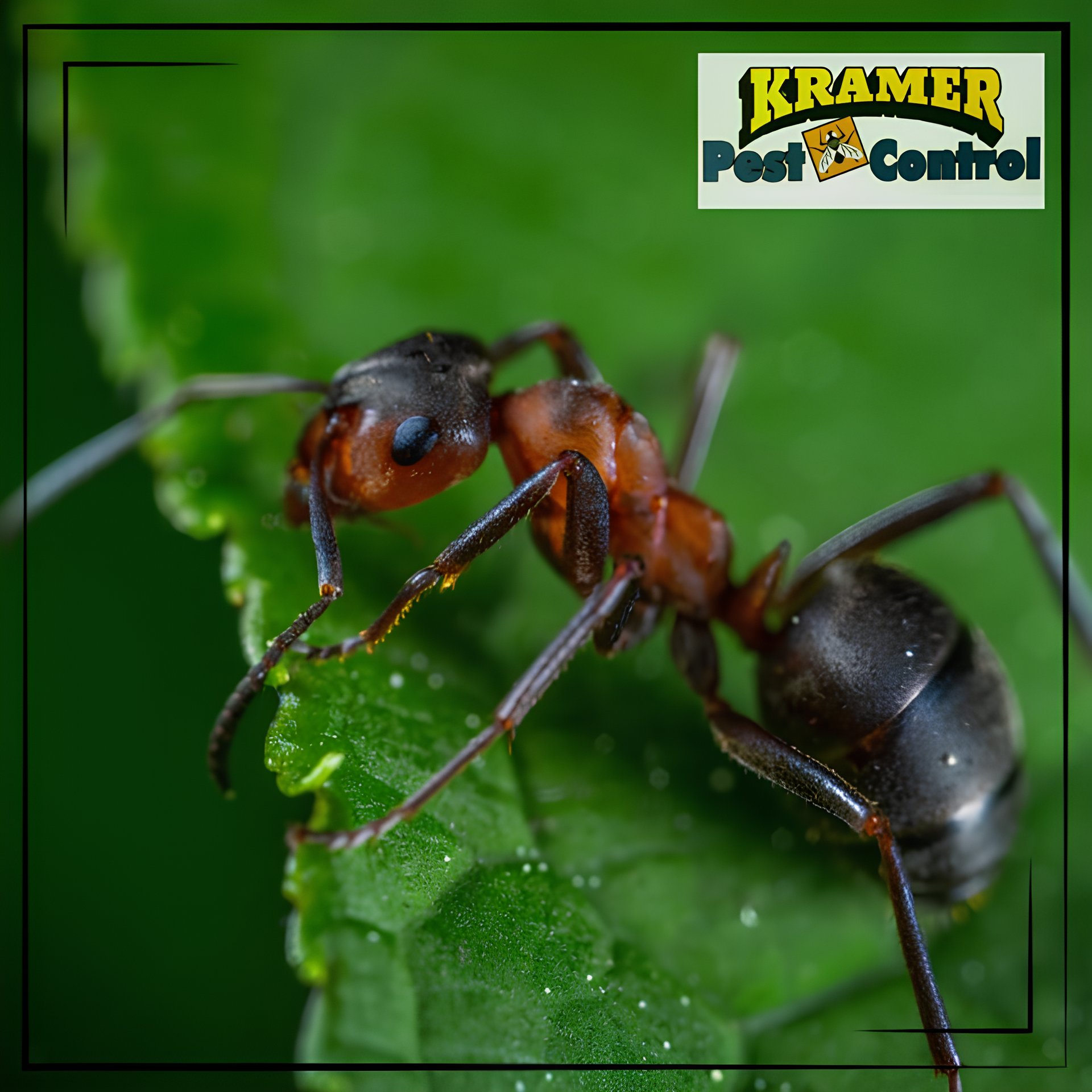 Close-up of an ant on a green leaf; advertisement for Kramer Pest Control.