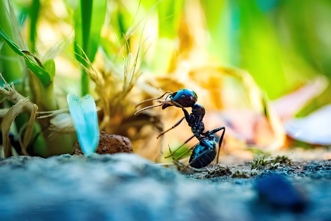 Black ant carrying food in its mandibles, among grass and small stones.