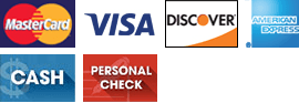 MasterCard, Visa, Discover, American Express, Cash, Personal Check