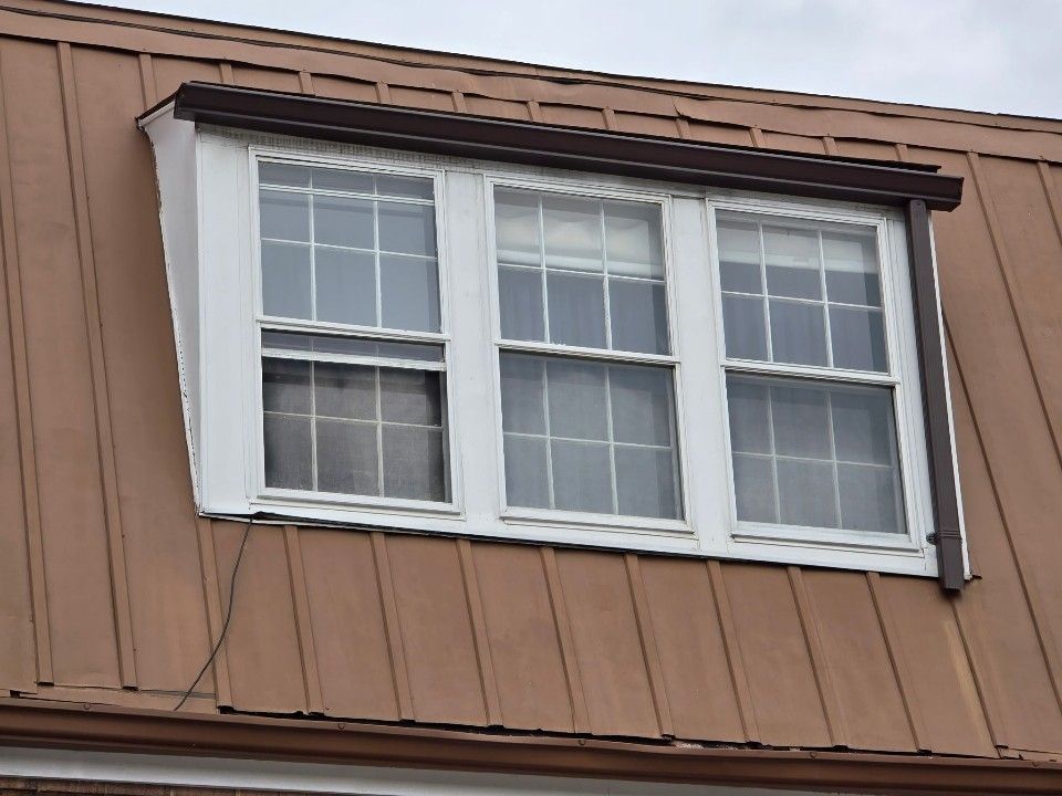 White-trimmed double window in a brown-sided building facade