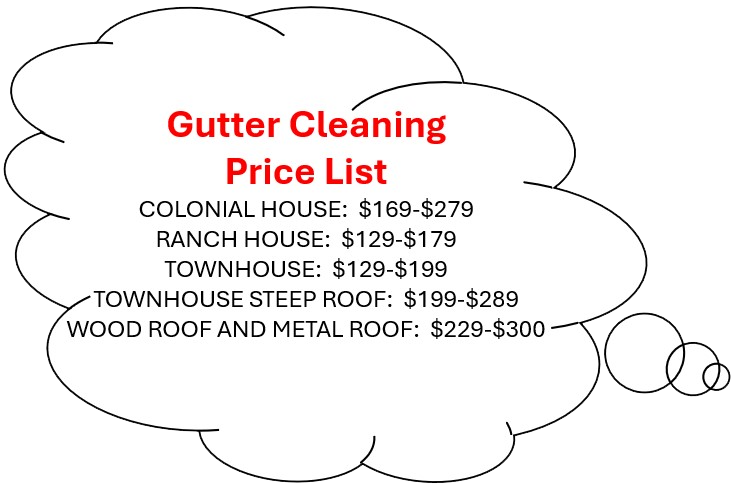 A gutter cleaning price list for colonial house ranch house townhouse steep roof wood roof and metal roof