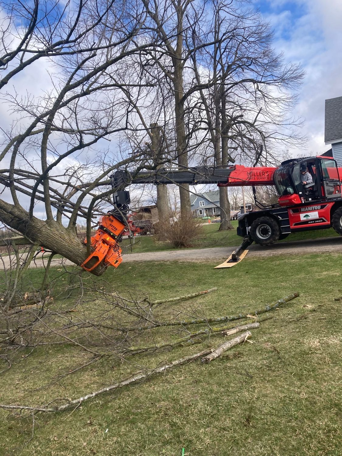 Orange tree worker cutting a large fallen tree limb beside a red lift truck in a yard