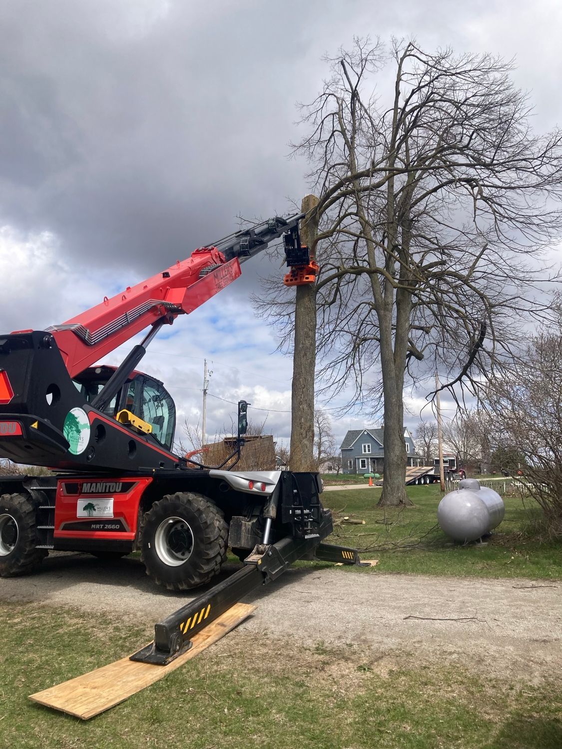Red crane lifting a tree trunk beside a leafless tree on a gravel site under cloudy skies