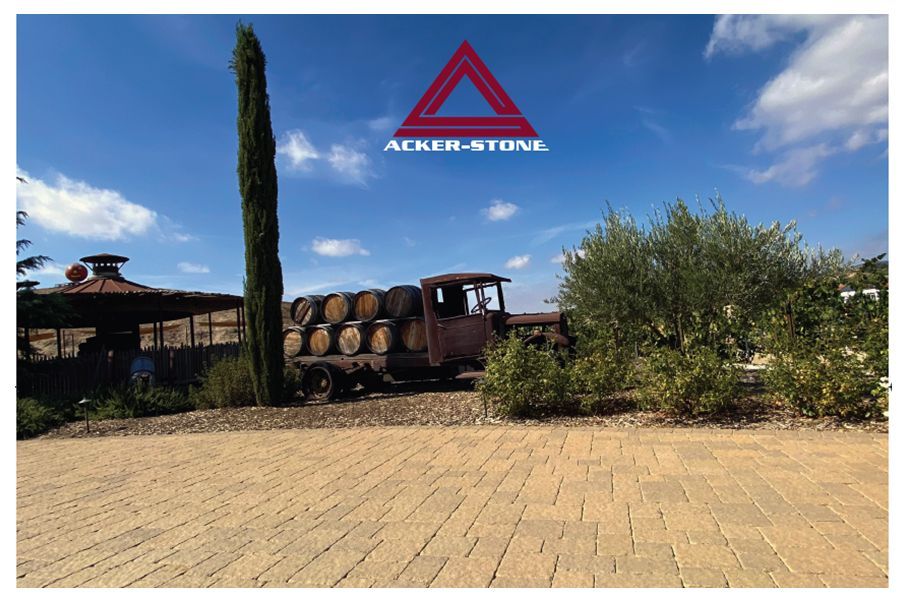 An antique truck carrying wine barrels in a vineyard, beneath a blue sky.