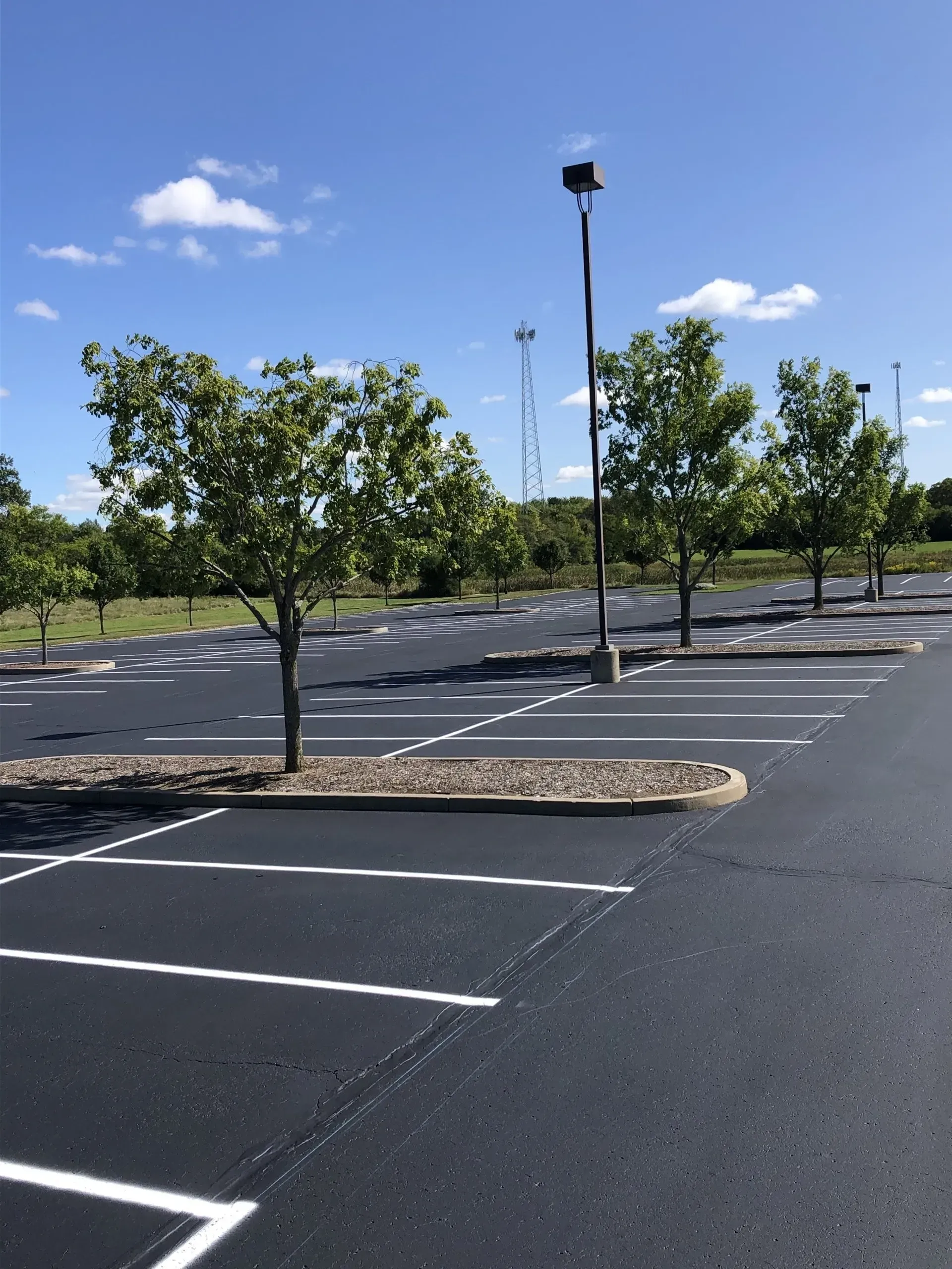 An empty parking lot with marked spaces, gravel tree islands, and a tall light pole under a clear blue sky.