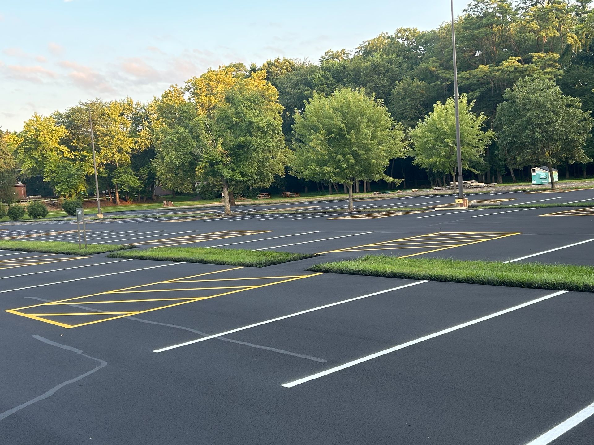An empty parking lot with marked spaces and yellow safety zones, bordered by green trees under a clear sky.