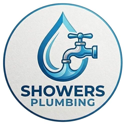 Shower head and faucet logo with blue water drop and the text &ldquo;SHOWERS PLUMBING&rdquo;