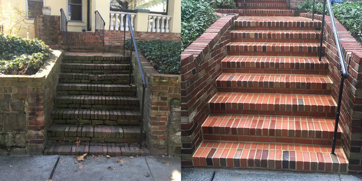 A before and after photo of a brick staircase.
