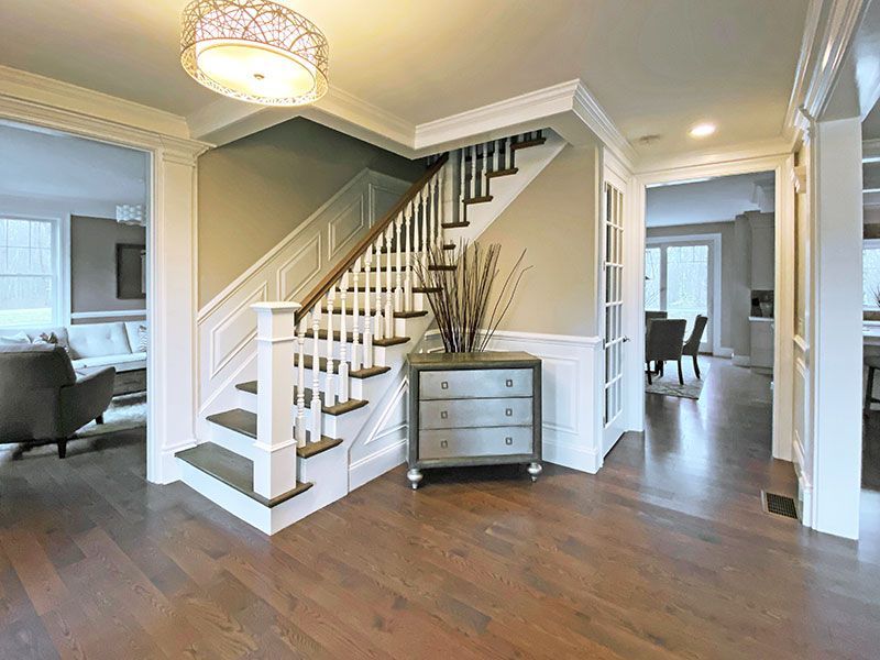 There is a staircase in the middle of the room.