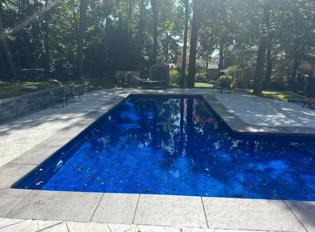 Rectangular pool with dark blue mosaic tile, surrounded by stone patio. Trees in the background.