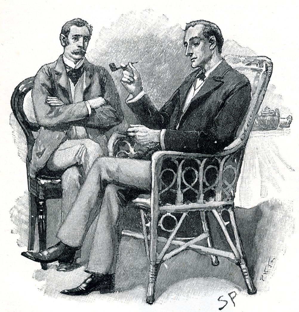 Two men in suits seated in wicker chairs, one reading from a book in a sketched scene.