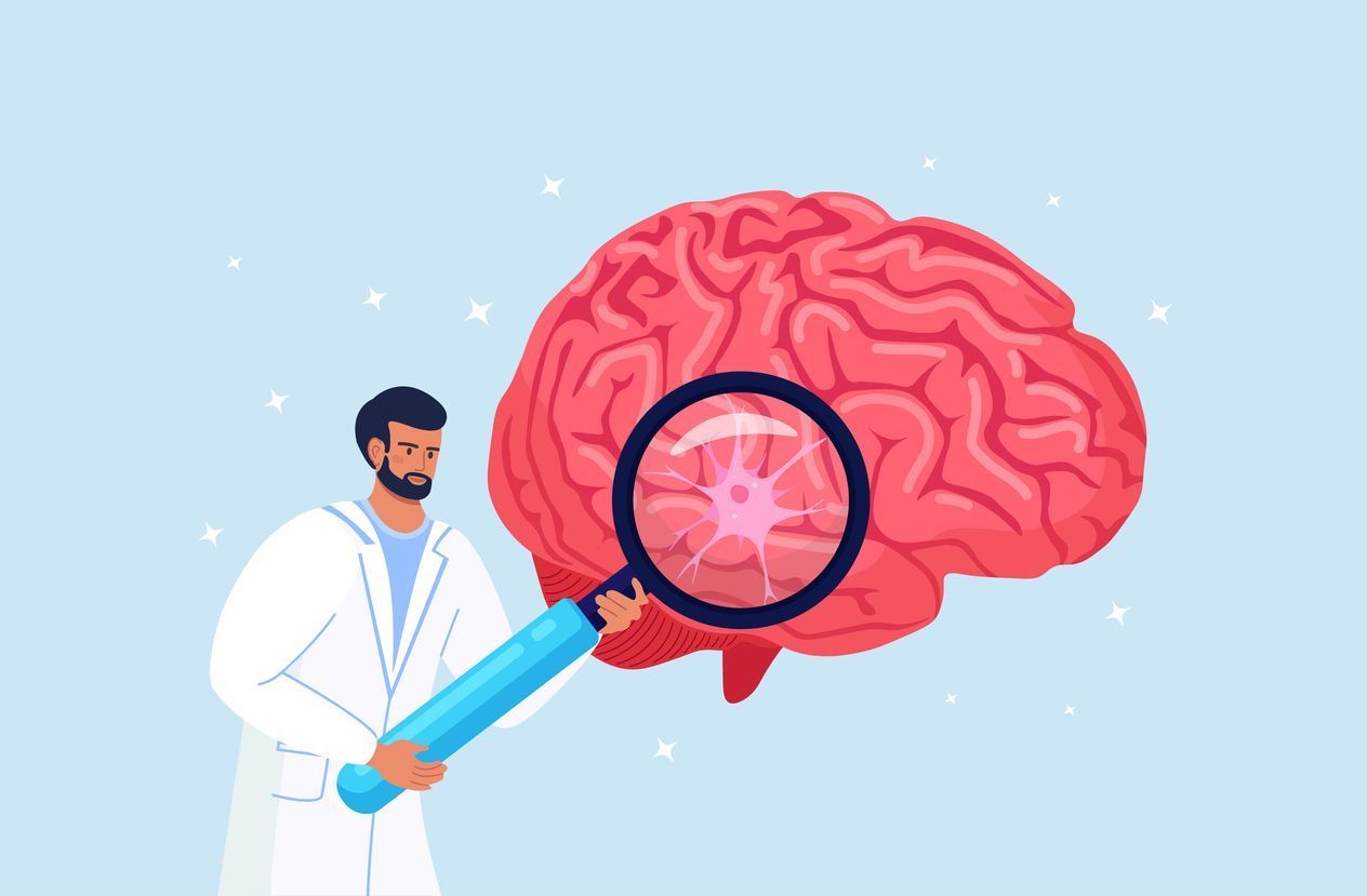 Doctor examining a brain with a magnifying glass and syringe illustration on a light blue background