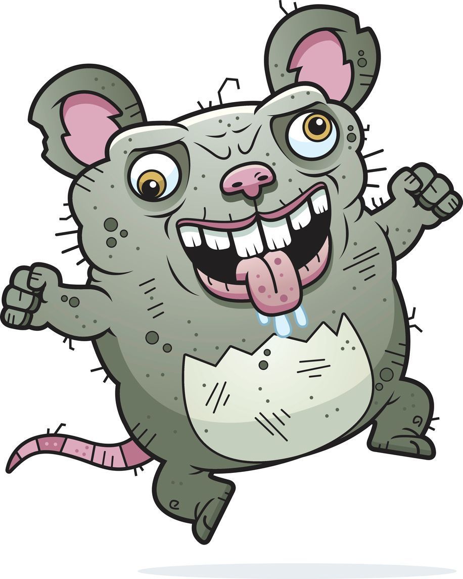 Cartoon gray rat with big teeth, pink ears and tail, grinning with arms raised