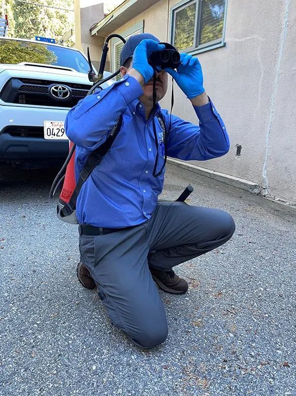 Person in blue jacket kneels outdoors, raising binoculars to their eyes beside a parked car.