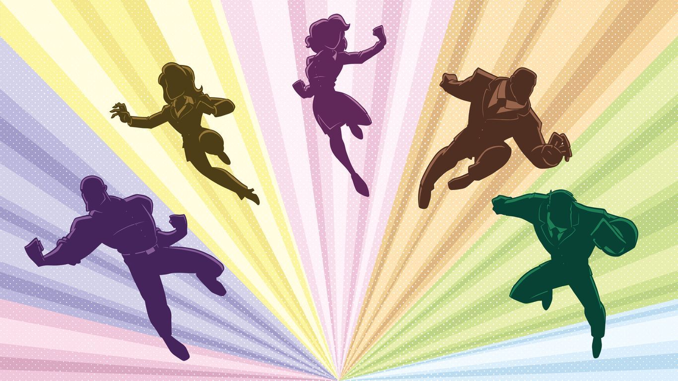 Five colorful silhouettes jumping against a radiating pastel background
