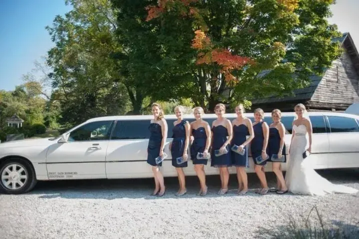 Bride and bridesmaids in navy dresses pose with a white limousine on a sunny day.