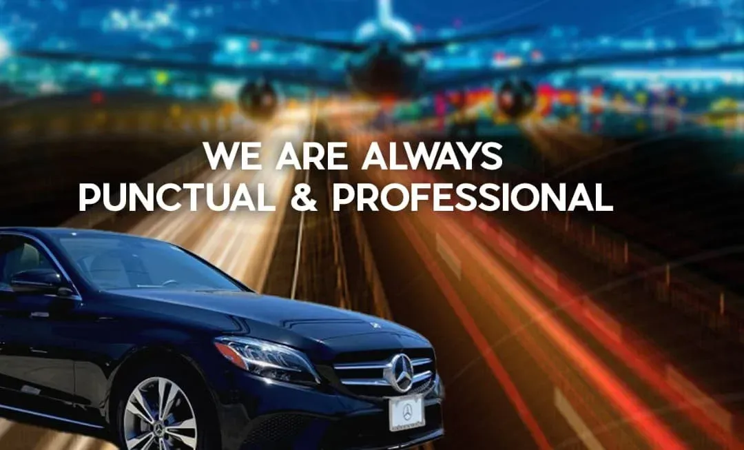 Black car with airport runway background; text: "We are always punctual & professional".