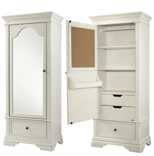 White armoire with arched mirror door, open to reveal shelves, drawers, and corkboard.