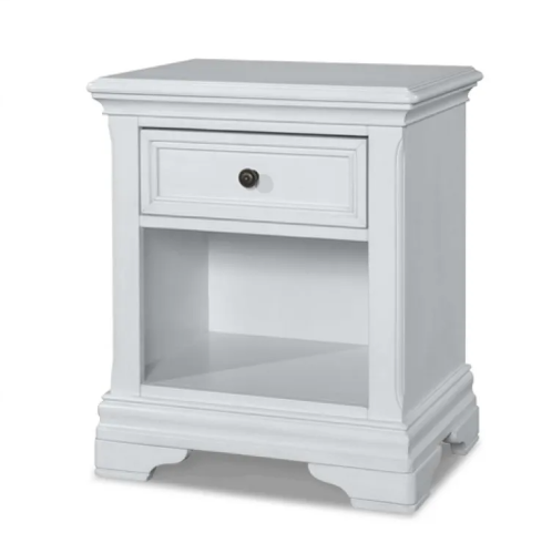 White nightstand with drawer and open shelf.