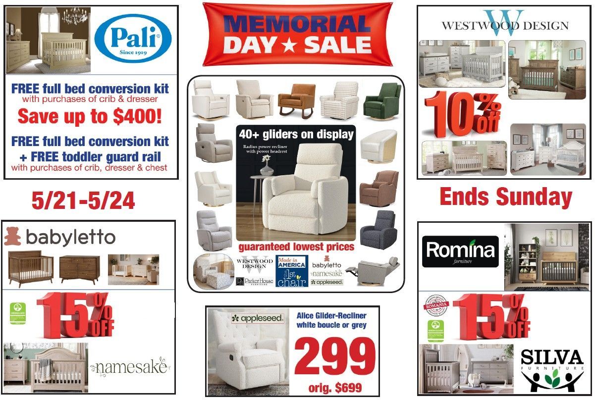 Furniture store Memorial Day sale flyer with multiple bedroom sets, prices, and discount offers
