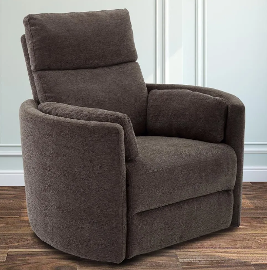 Brown upholstered recliner chair, curved design, in a room with light walls and wood floor.