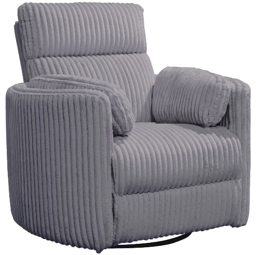 Gray corduroy recliner chair with padded arms and headrest.