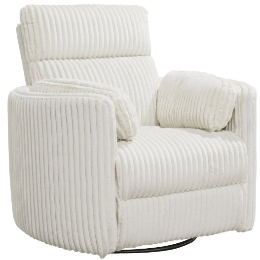 Cream-colored corduroy recliner chair with a pillow, on a swivel base.