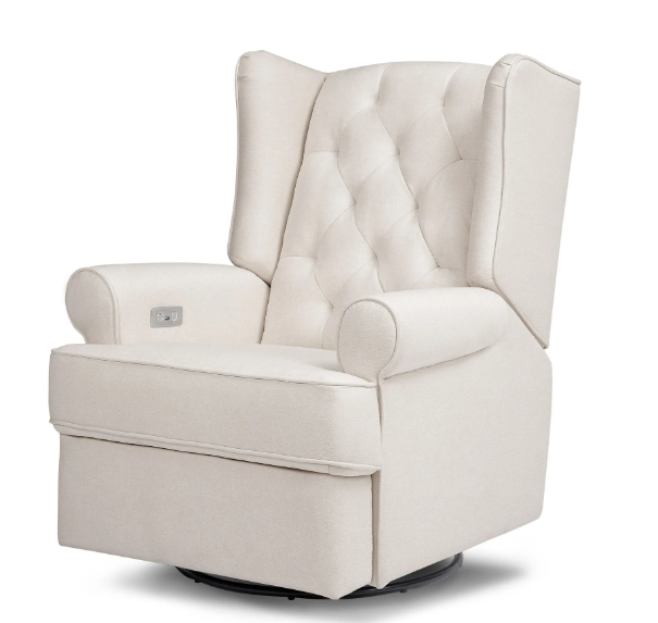 Cream-colored recliner chair with tufted back and rounded arms, swiveling on a black base.