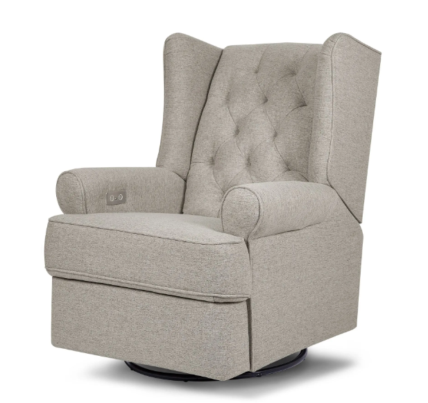 Beige upholstered recliner with wingback, button-tufted back, and swivel base.