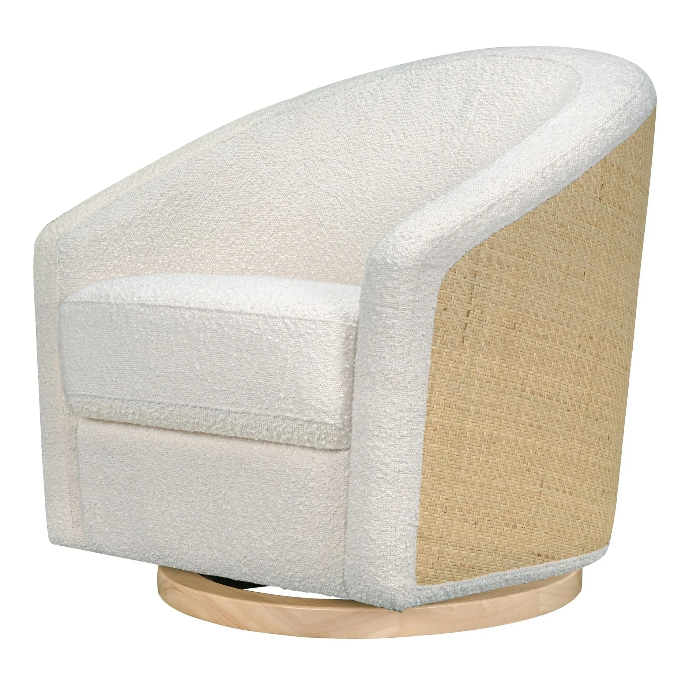 Cream-colored swivel chair with a textured boucle fabric and natural woven back, on a light wood base.