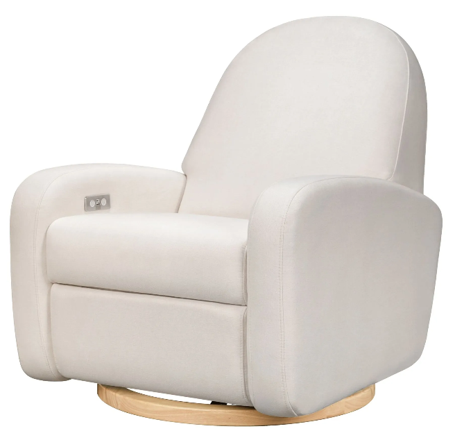 Cream-colored swivel recliner with curved back and armrests, on a light wood base.