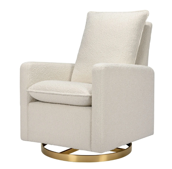 Cream-colored swivel armchair with a gold base; white textured fabric.