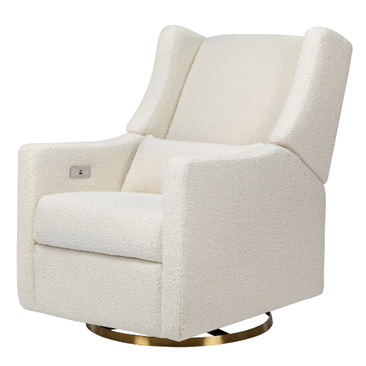 Cream-colored sherpa recliner chair with high back, armrests, and a gold swivel base.