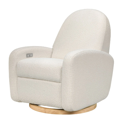 Cream-colored, sherpa-style swivel glider recliner with a light wood base.